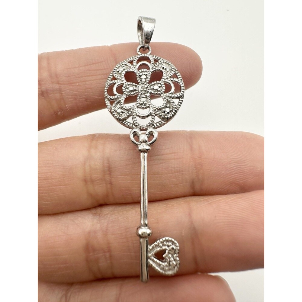 Vintage Sterling Silver Filigree Genuine Diamond Heart Key Pendant